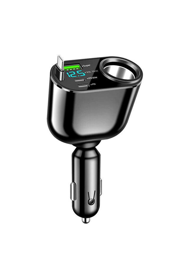 شاحن سيارة USB أسود بقوة 120 واط 4 في 1 مع كابل Type C قابل للسحب وشاحن ولاعة السجائر