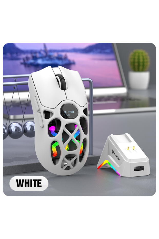 فأرة لاسلكية H16PRO WHITE XUNFOX خفيفة الوزن للألعاب التنافسية، قابلة للشحن بتقنية البلوتوث 2.4 جيجا هرتز
