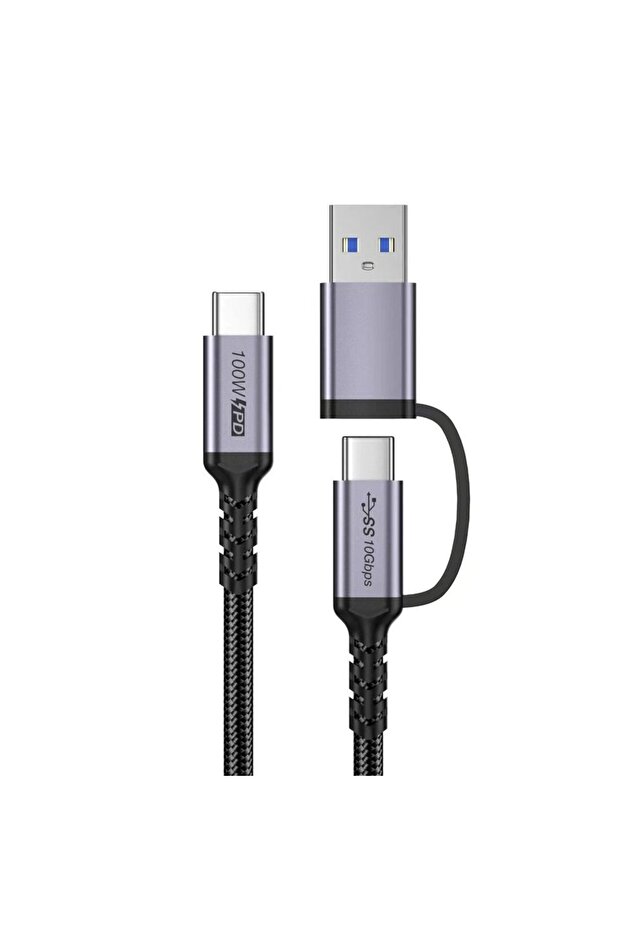 كابل بيانات USB3.0 2 في 1 أسود بطول 1 متر، USB C/A إلى Type-C ThunderBolt 3، يدعم 4K@60Hz وشحن سريع PD100W