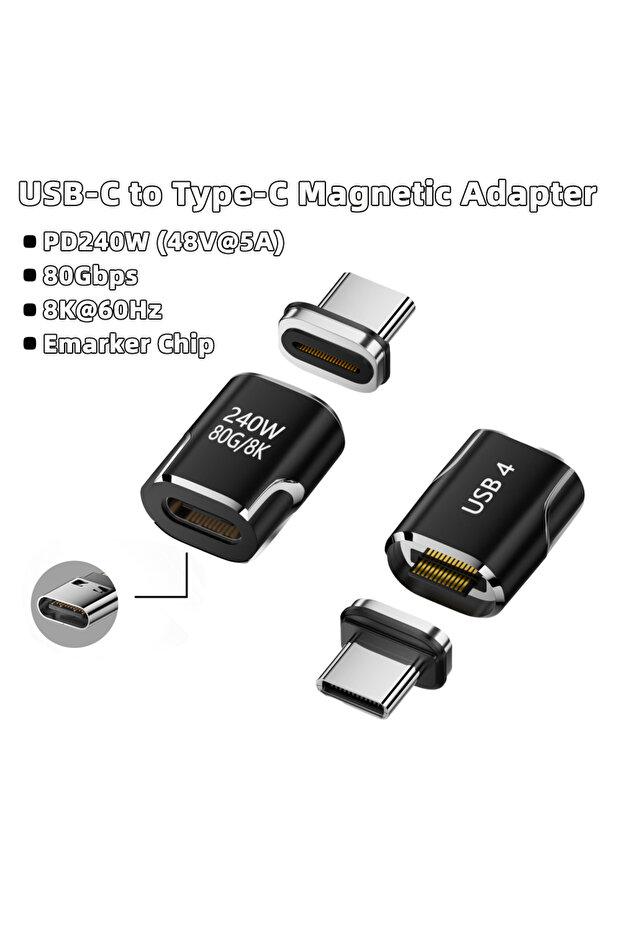 محول مغناطيسي من النوع C إلى النوع C بقدرة 240 واط، يدعم USB 4 بميزات كاملة، سرعة نقل 80 جيجابت في الثانية، دقة 8K بتردد 60 هرتز، شحن سريع USB-C
