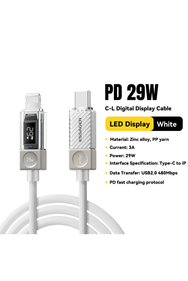 كابل ESSAGER USB-C أبيض بطول 1 متر وقدرة 29 واط لهواتف آيفون 14 و13 و12 برو ماكس وXR و8، شحن سريع PD
