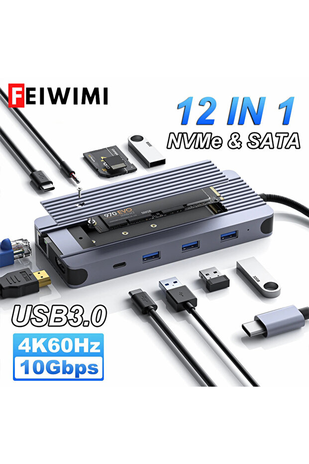 محول USB 12 في 1 مع حاوية للأقراص الصلبة ومحطة إرساء M.2 NVMe SATA SSD بروتوكول مزدوج من النوع C 10