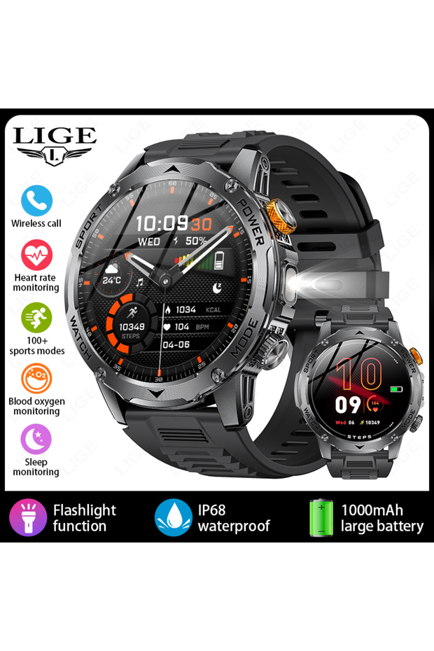 LIGE black LIGE New Smart Watch Men 1000mAh Large Capacity Battery Outdoor Flashlight Bluetooth Call