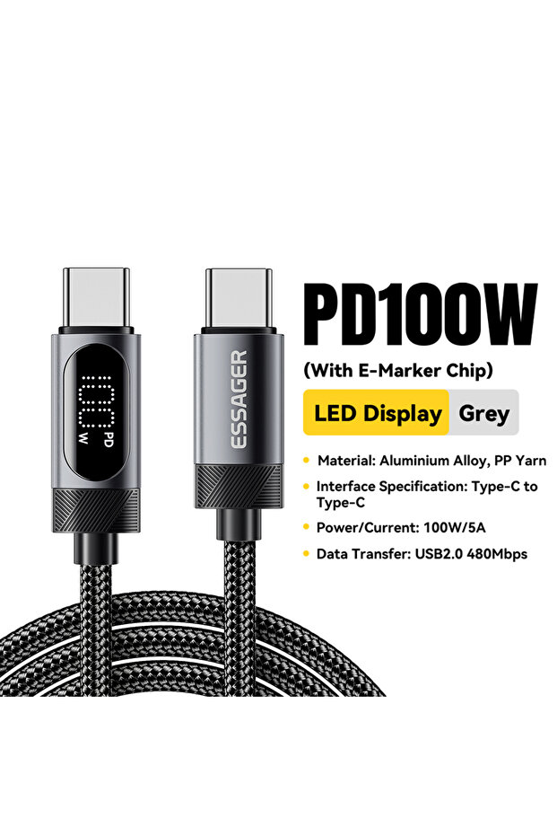 كابل ESSAGER من النوع C إلى C بطول 2 متر وقوة 100 واط مع شاشة رقمية، كابل USB-C لهواتف آيفون 17 و16 مع شحن سريع بقوة 100 واط