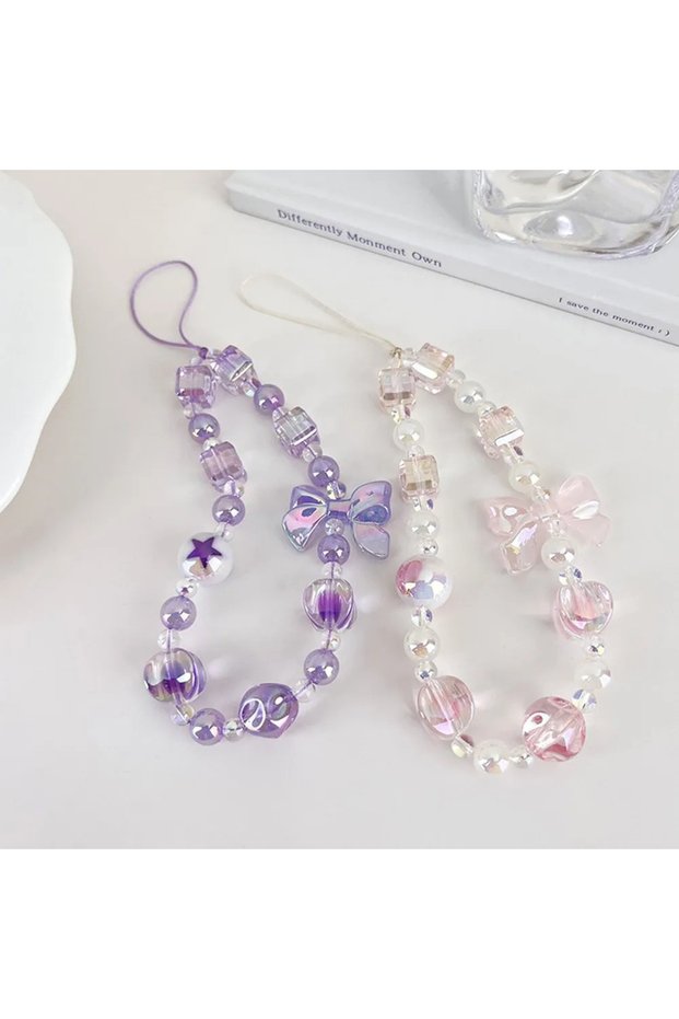 1 pink 1 purple Sweet Candy Color Mobile Phone Chain Cute XYun Beaded Cellphone Pendant Charms Women