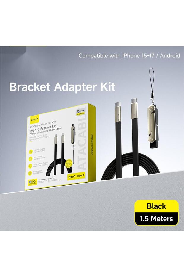 طقم محول أسود بطول 1.5 متر، كابل شحن وبيانات سريع 2 في 1 بقوة 240 واط مع حامل هاتف قابل للطي، من نوع C إلى تايب سي