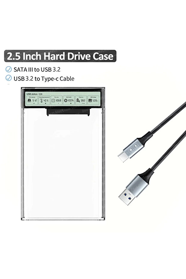 LCD Display Case USB3.2 External HDD Case 5Gbps 2.5 Inch Transparent Hard Disk Case Hard Drive Enclo