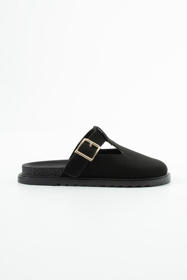 Luana Black Suede Buckle Detailed Slippers