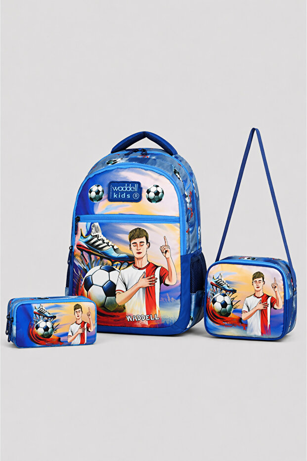 Blue Football Patterned Bag, Lunch Bag, Pencil Case, Boys' 3-Piece Set, Primary School Bag -25208