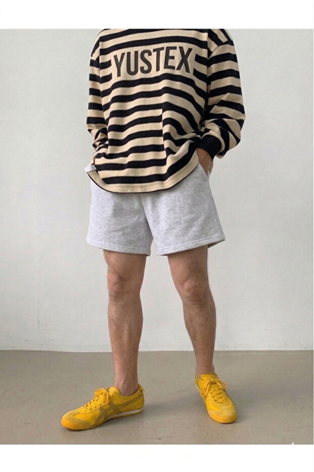 Men's Gray Shorts - High Waist, No Visible Underwear, Oversized, Adjustable Waist with Lacing
