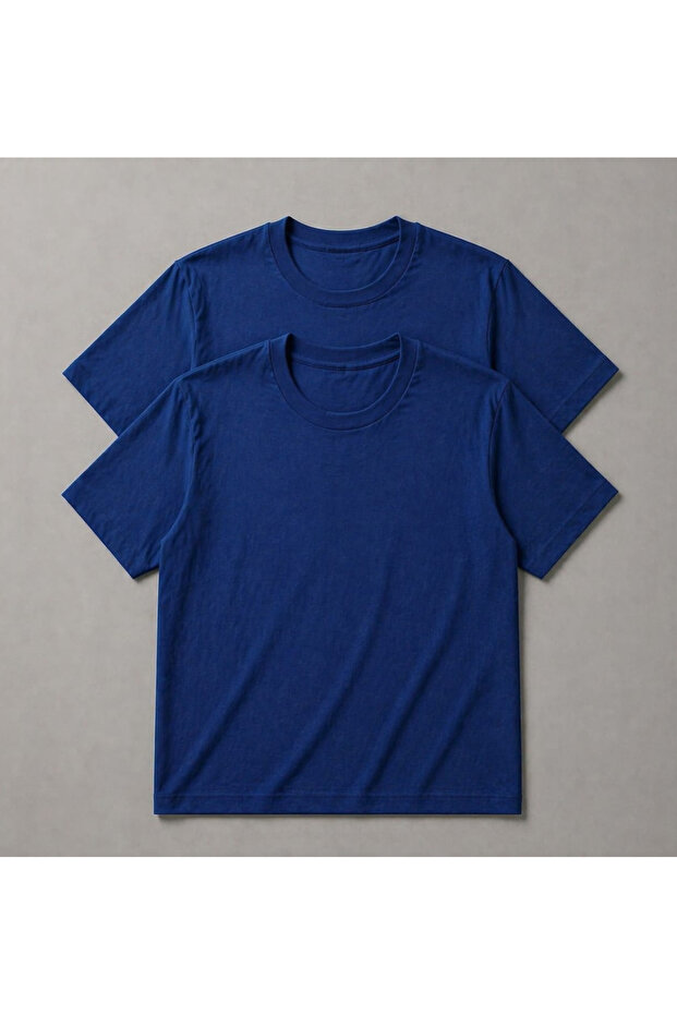 Unisex Men'S/Women's 2-Piece Blue Cotton Crew Neck Basic T-Shirt