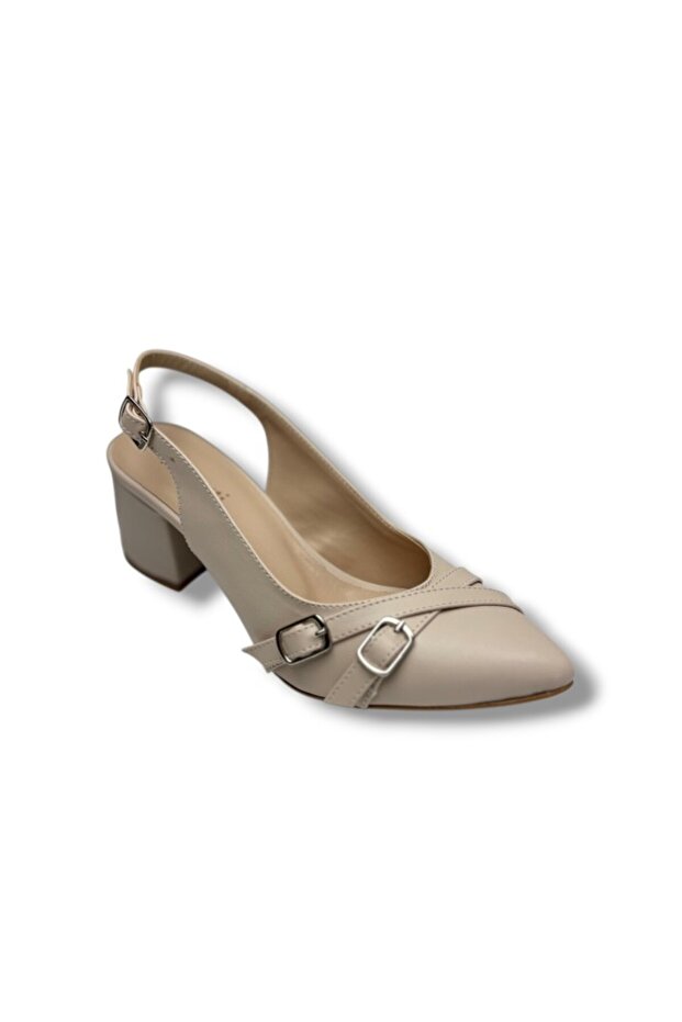 682-26 Leather Double Buckle Mid-Heel Open Back Women's Shoes (6cm)