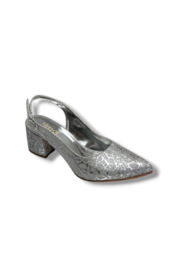 684-26 Shiny Silvery Satin Mid-Heel Open-Back Women's Shoes (6cm)