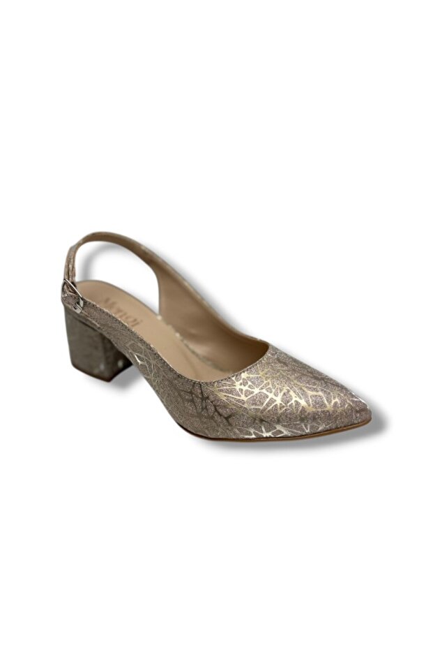 684-26 Shiny Silvery Satin Mid-Heel Open-Back Women's Shoes (6cm)