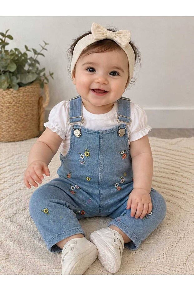 Flower Embroidered Denim Salopet 2-Piece Baby Set