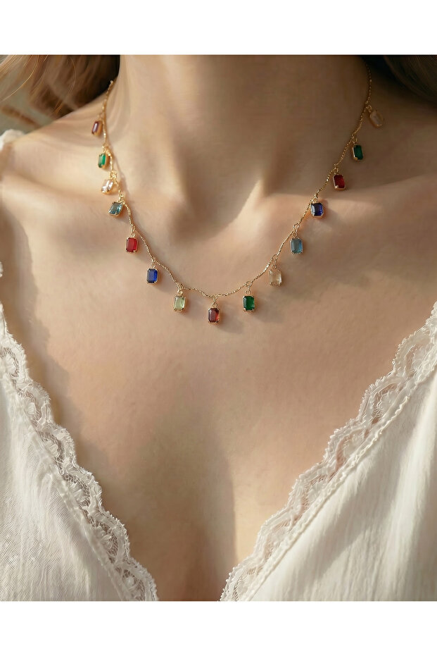 Gold Multicolor Square Zircon Stone Elegant Women's Necklace