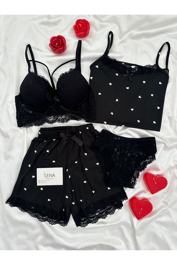 Women's Lena Lingerie with Heart Patterned Milan Shorts Pajama Set