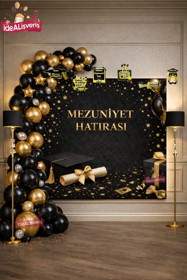 Premium Graduation Souvenir Black Gold Luxury Party Set Backdrop, Balloon Chain, and Photo Corner Decor