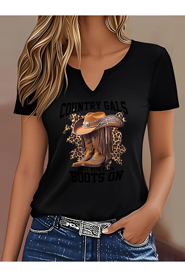 Women's Boot Printed Half V-Neck Sleeves Regular Fit Comfortable T-Shirt