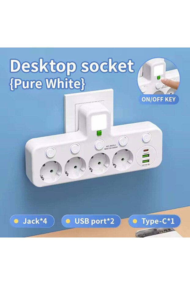 شريط طاقة أبيض متعدد المنافذ بـ 4 مخارج تيار متردد ومقابس أوروبية مع منافذ USB بدون كابل تمديد وحماية من التيار المفاجئ