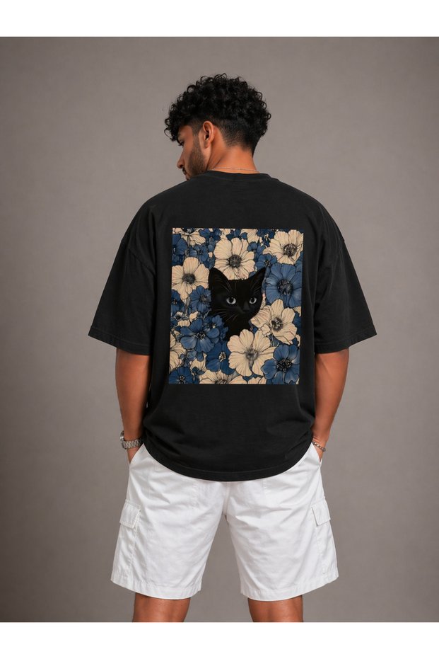 Floral Black Cat Printed Oversize Unisex T-Shirt Vintage Streetwear Comfortable Fit