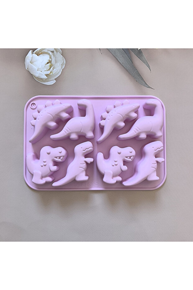قالب سيليكون على شكل ديناصور بـ 8 فتحات لصنع الشوكولاتة والبسكويت والكيك، مناسب لصنع مكعبات الثلج والحلويات، لون بنفسجي، قطعة واحدة.