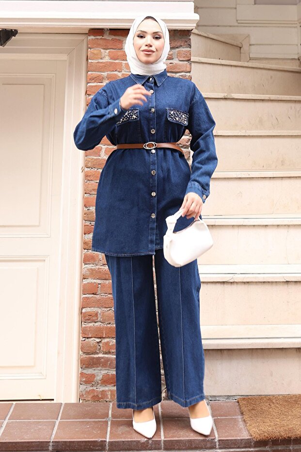 Buttoned Stone Detailed Belted Jeans Suit Dark Blue 19485