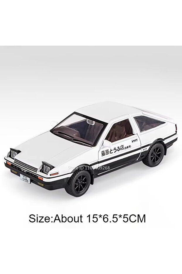 نموذج سيارة لعبة أبيض بمقياس 1:30 من Initial D AE86، هيكل من السبائك، إطارات مع نظام امتصاص الصدمات، نظام سحب للخلف، محاكاة