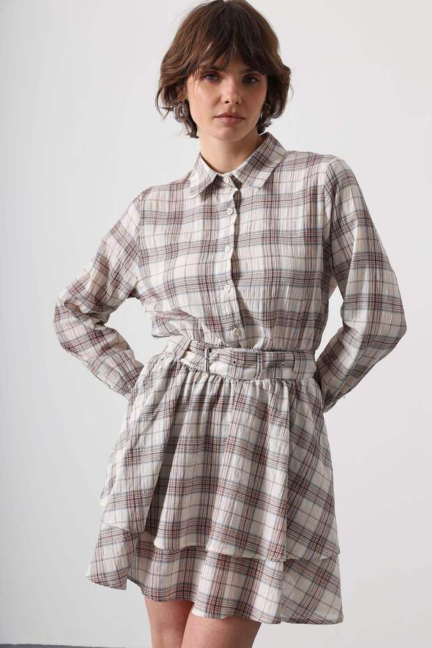 Women's Plaid Patterned Button-Up Mini Shirt Dress with Elastic Waistband Detail Stone