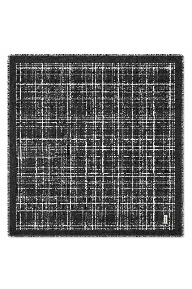 Women's Black and White Plaid Patterned Coton India Cotton Cheesecloth Writing Hijab - Coton Scarf