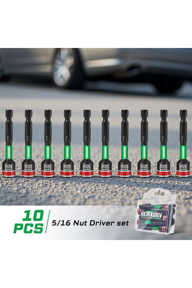 10PCS-5-16 Geinxurn Impact Nut Driver Set, 2.56”Long 1/4“,5/16",3/8" SAE Nut Setter Set 6 Point Allo