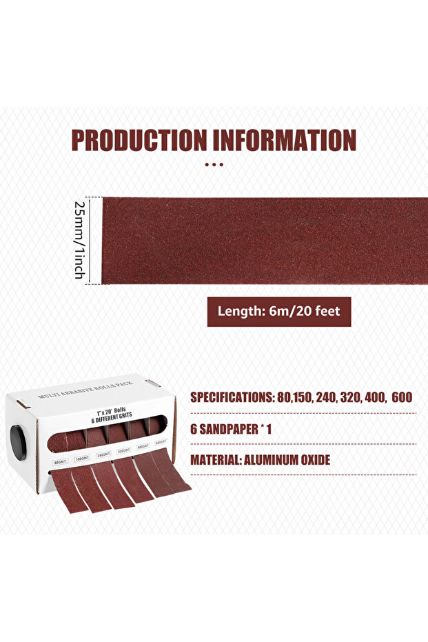 6 volumes 5/6 Roll Grits Sandpaper 6M Dry Grinding Emery Sanding Belt 20ft Abrasive Paper Pack with