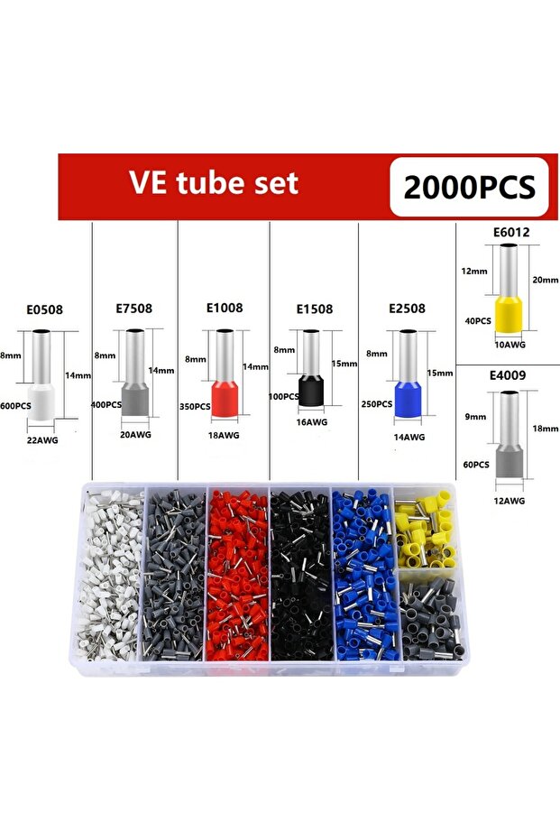 VE2000PCS 200-2000 قطعة موصلات أسلاك متينة معزولة قابلة للكبس البارد