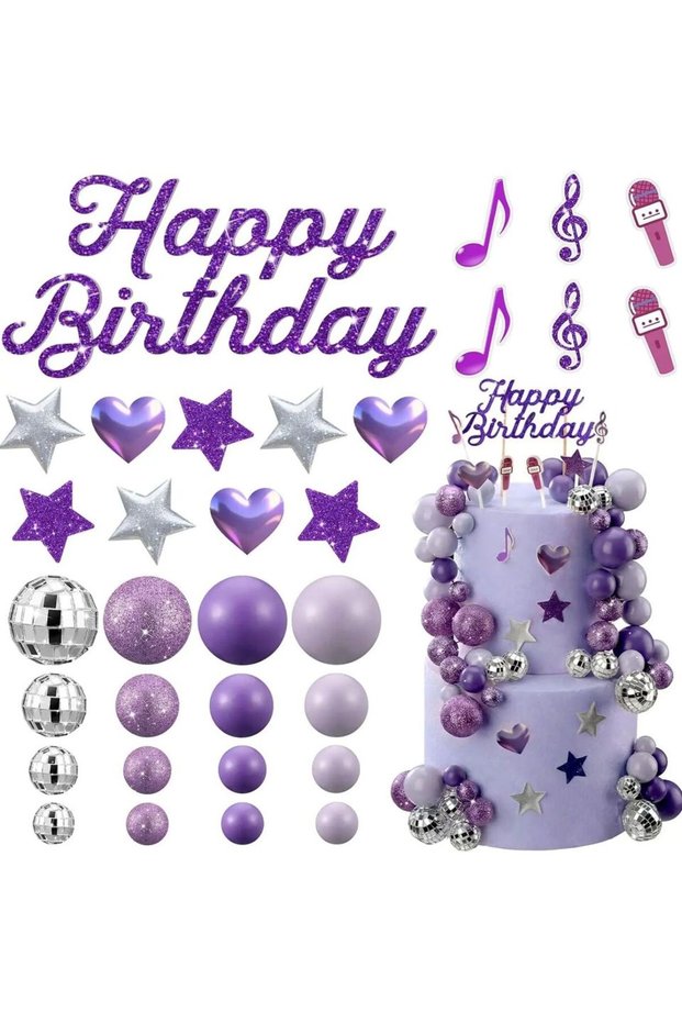 32pcs Purple Glitter K-Pop Cake Decor: Happy Birthday Topper + Disco Balls, Mic & Musical Icons for