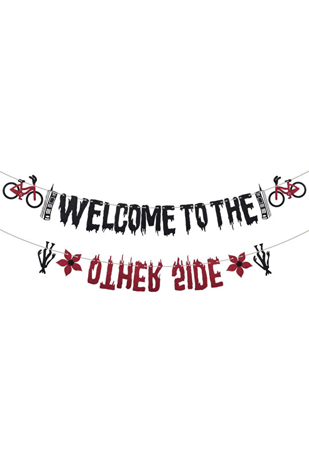 black Glitter Welcome to the Other Side Banner for Birthday Party Decorations Upside Down Banner Str