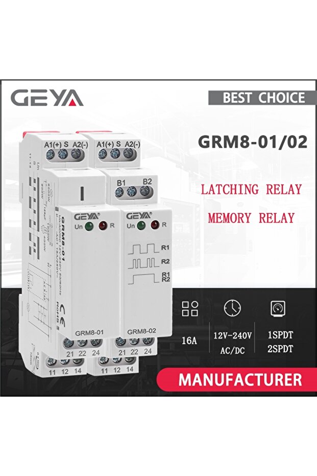 GRM8-01 AC230V GEYA GRM8 مرحل إلكتروني ذو تثبيت ذاتي للتركيب على سكة DIN، مرحل ذاكرة، مرحل نبضي SPDT 16A Step