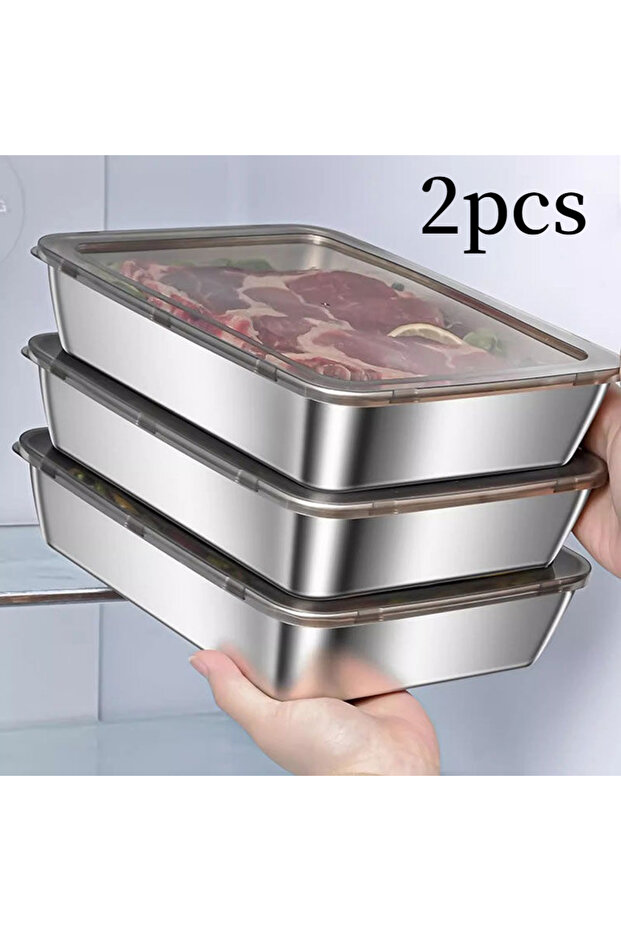 10.25 inches 2pcs Stainless Steel Food Storage Container Rectangle Dish with Cover Noodles Fruit Tra