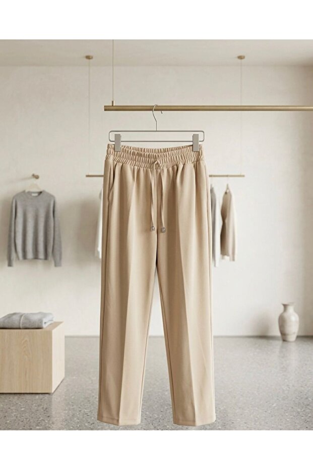 Women's Beige Carrot-Cut Pants with Elastic Waist and Cord Detail
