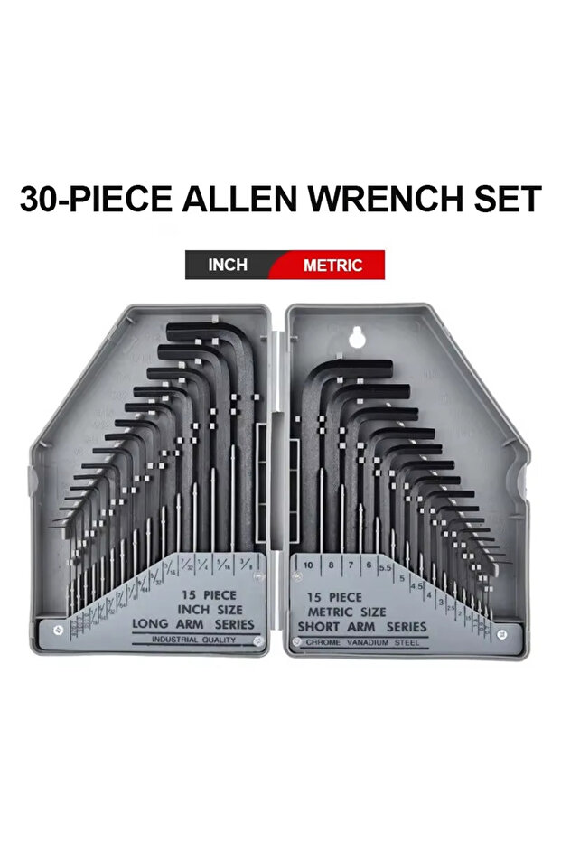 Grey 30Pcs Wrench Set Hex Key Wrench 0.028"- 3/8" Inch & 0.7mm-10mm Metric Size Chromium-vanadium St