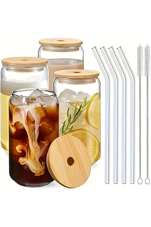 500ml 4PCS Set of 2/4/6 Glass Can Shaped Cups 500ml with Spill-Proof Lids And Straws Straw Cleaning