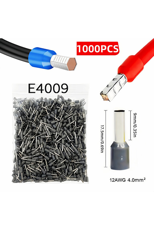 E4009-رمادي 1000 قطعة أطراف توصيل أنبوبية للأسلاك الكهربائية موصلات كابلات E0508 E7508 E10