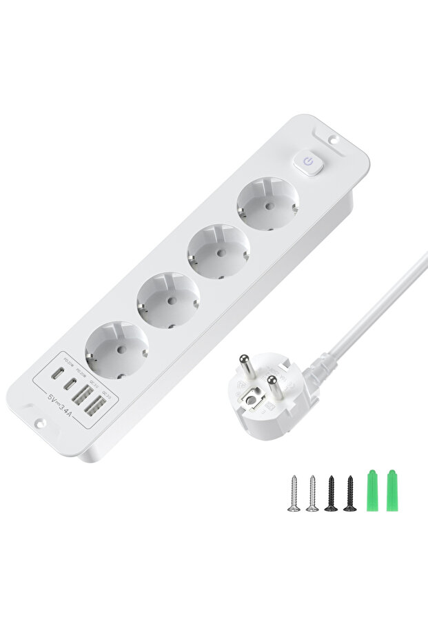 شريط طاقة مدمج في سطح المكتب من نوع EU 4 أبيض اللون مع منفذين USB A ومنفذين USB C، مقبس طاقة مدمج في الطاولة متعدد المنافذ.