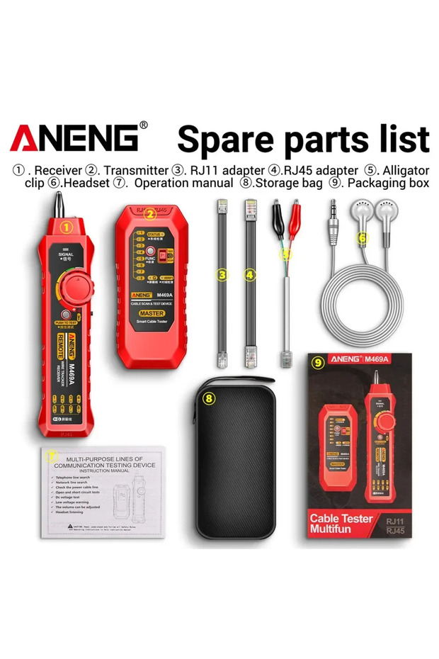 جهاز اختبار كابلات الشبكة ANENG M469A أحمر اللون، محلل شبكات RJ45 وRJ11، جهاز تتبع الأسلاك واختبار كابلات الشبكة المحلية