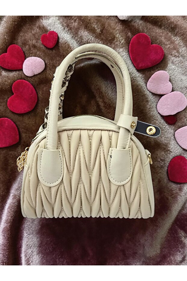 Cream Pleated Folded Leather-Look Mini Shoulder and Hand Bag with Scarf Accessory
