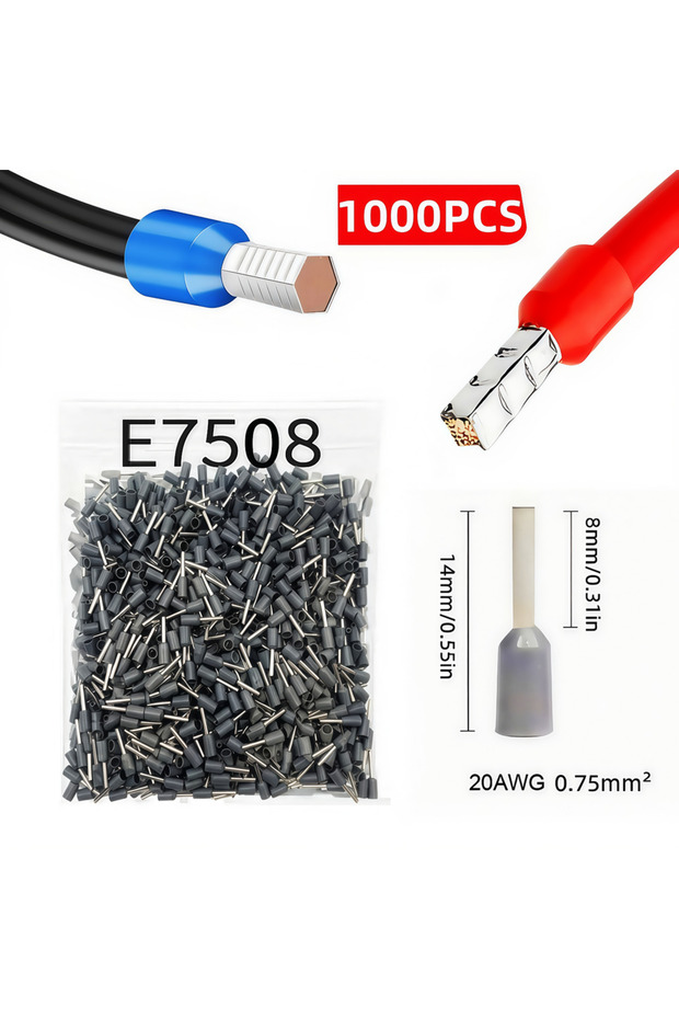 E7508-رمادي 1000 قطعة أطراف توصيل أنبوبية للأسلاك الكهربائية موصلات كابلات E0508 E7508 E10
