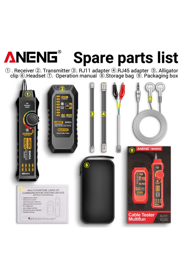 جهاز اختبار كابلات الشبكة ANENG M469A باللون الأسود لفحص RJ45 وRJ11، محلل شبكات، جهاز اختبار كابلات LAN، جهاز تتبع الأسلاك