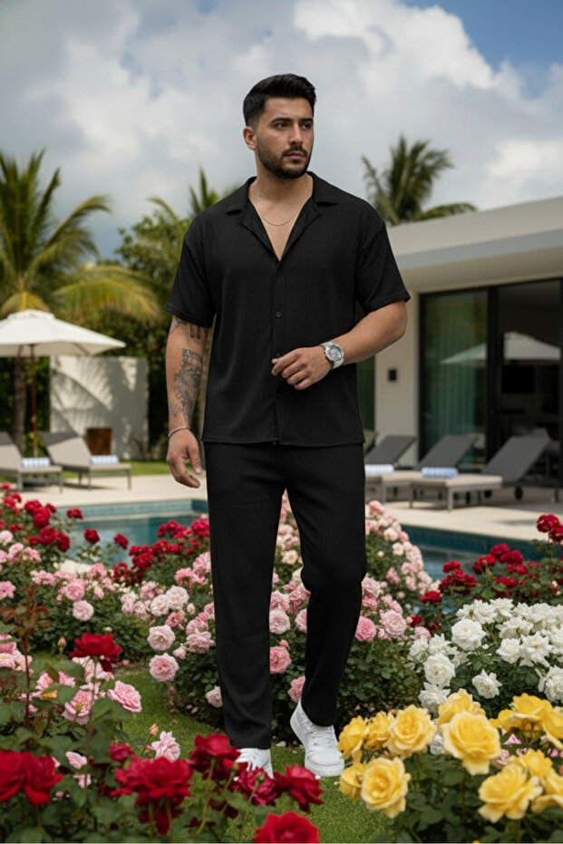 Men's Summer Buttoned Short-Sleeved Shirt and Lace-Up Trousers Set Double Pocket Crinkle Fabric