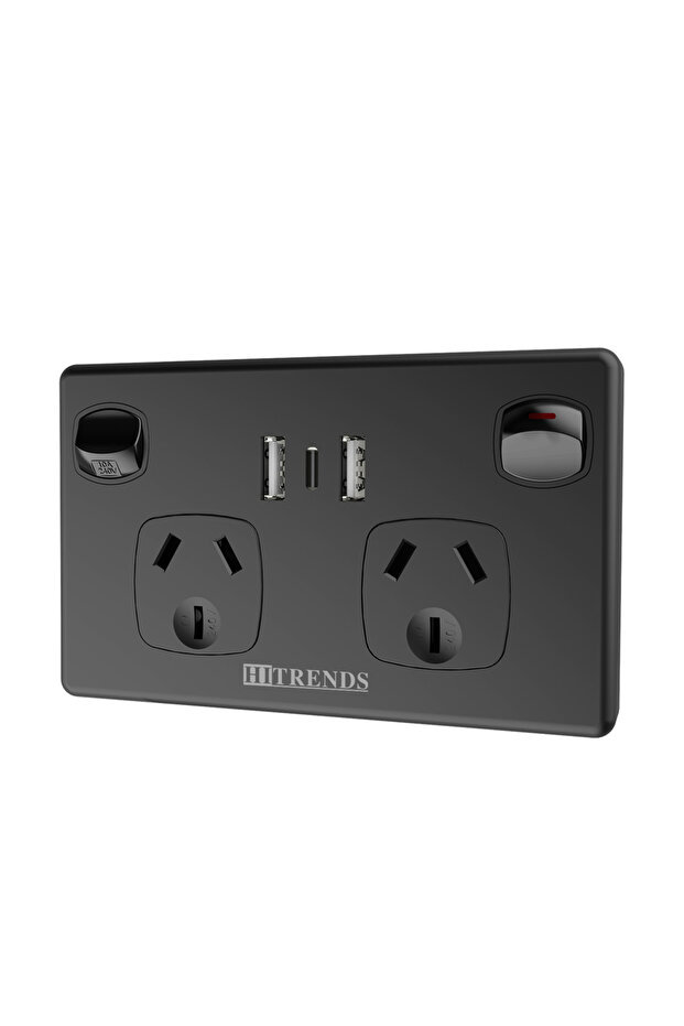 AU 2USB-A 1Type-C black Australian Standard USB Wall Socket Dual Socket with 2 USB 1 Type-C and Swit
