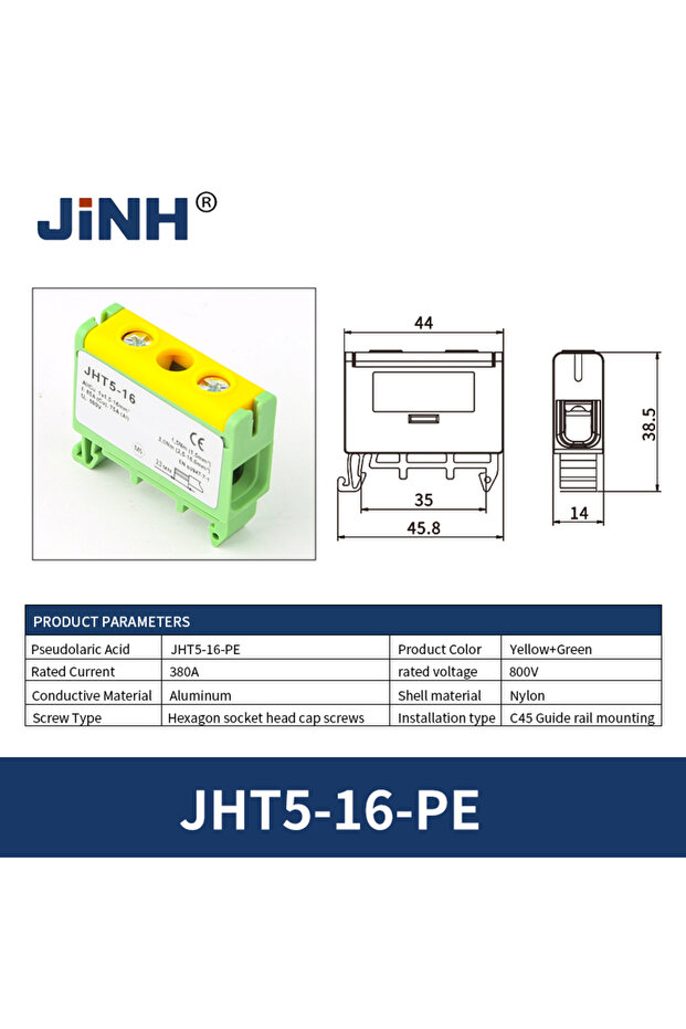 JHT5-16-PE JHT5 16mm² Aluminum Distribution Din Rail Screw Cable Multi Color Mounting Connector Term