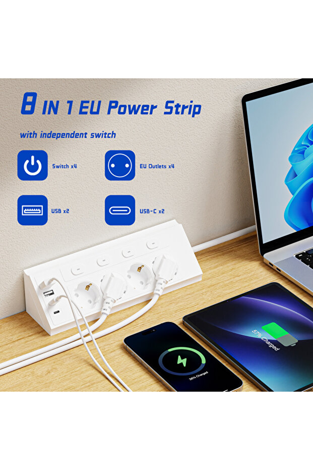 220-240V 4 white 8-in-1 EU 4-switch power strip, 1.5-meter extension power strip, 4 AC sockets, 2 US